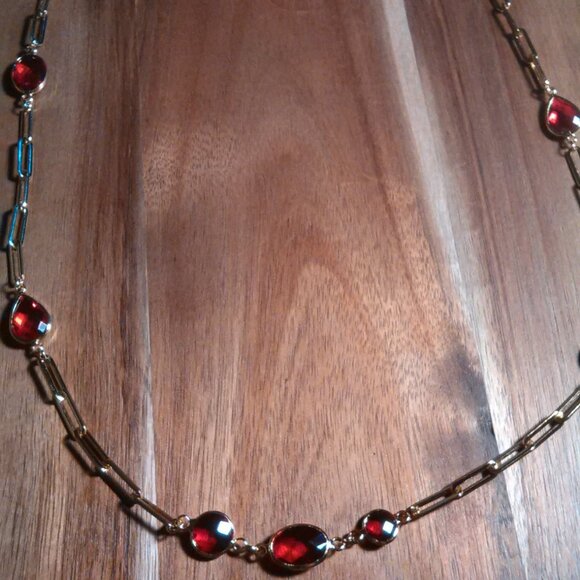 Simulated Ruby Ion Plate Yellow Gold Stainless Steel Paperclip Necklace - Picture 4 of 13